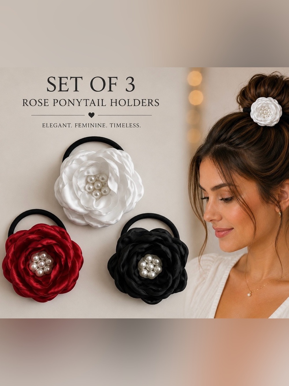 Set of 3 Pearl Center Rose Ponytail Holders — White, Red & Black